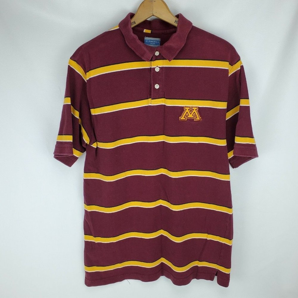 University of Minnesota Embroidered M Logo Maroon and Gold Striped Polo Shirt